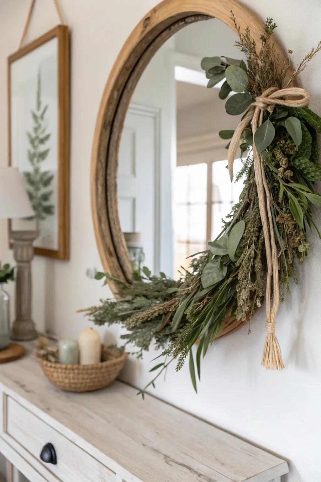 A mini wreath on the mirror adds effortless farmhouse warmth and handmade charm to your entry.