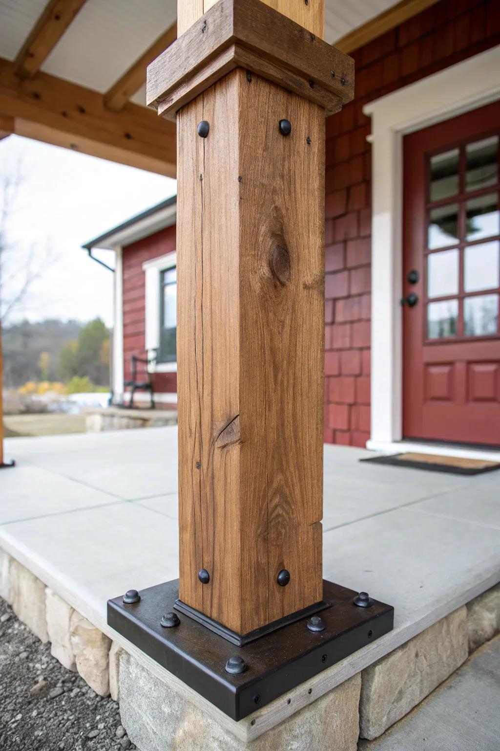 Hand-hewn timber post turns a simple breezeway into a warm, sheltered farmhouse drop zone.