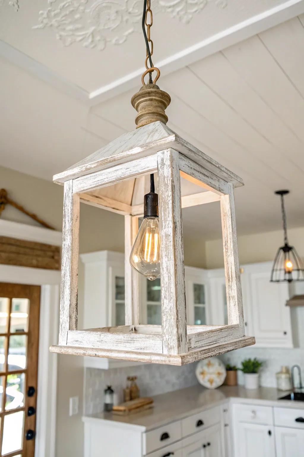 Distressed white wood frame pendant lighting that adds cozy cottage farmhouse charm.
