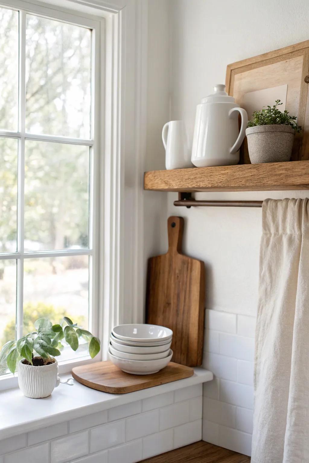 A slim oak shelf above the window trim adds farmhouse charm and extra display space.