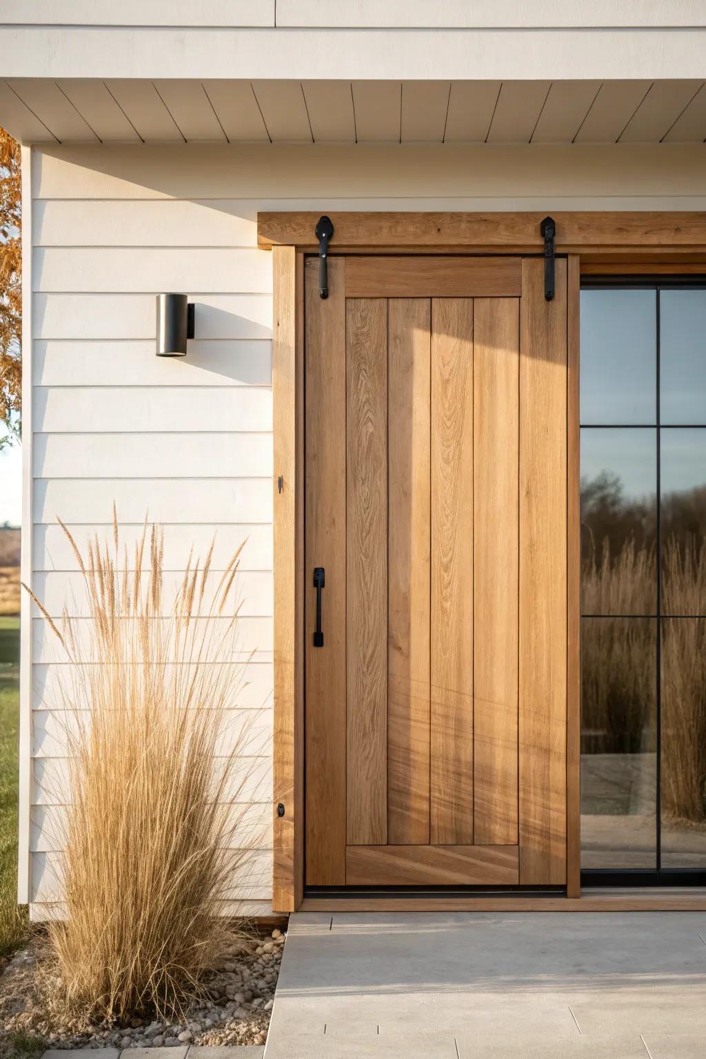 Space-saving pocket door with a farmhouse plank face—rustic charm, clean minimalist lines.