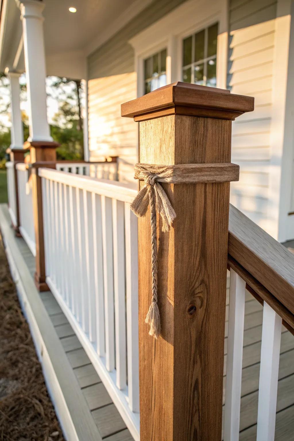 Rustic wood porch post + simple balusters for a timeless farmhouse railing with modern contrast.