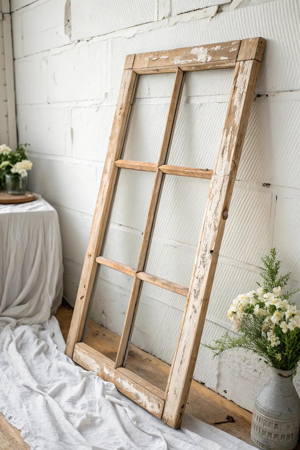 An old window frame adds height and salvaged farmhouse charm—simple shelf decor, elevated.