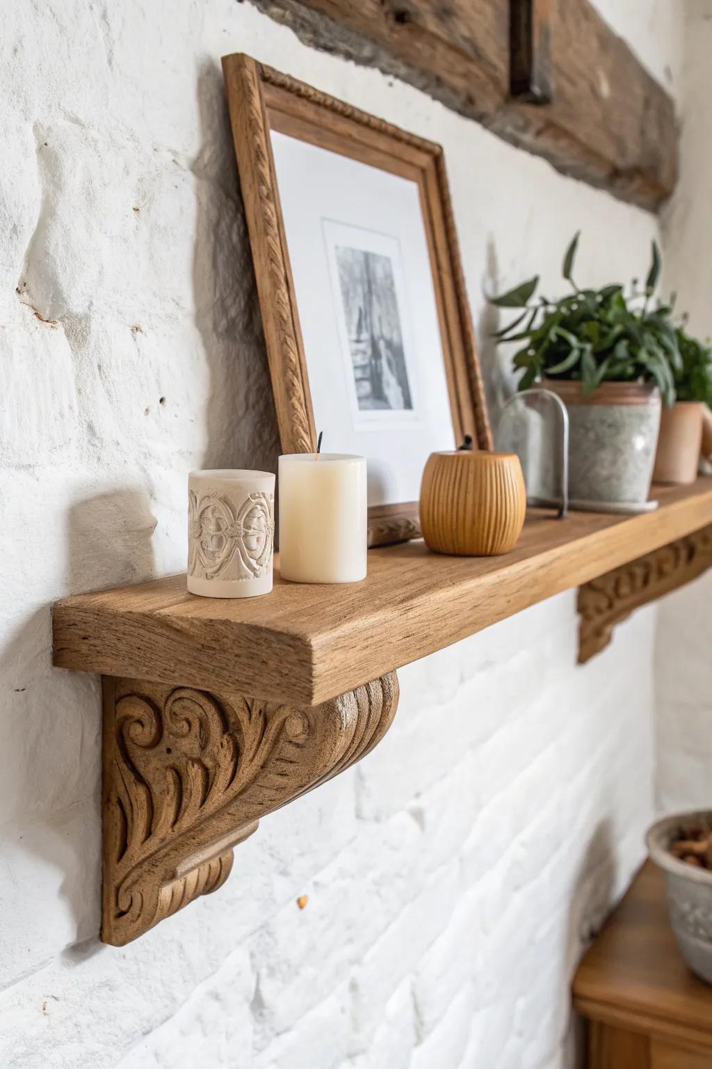 Carved wood corbels turn a simple board into a bold, farmhouse-worthy statement shelf.
