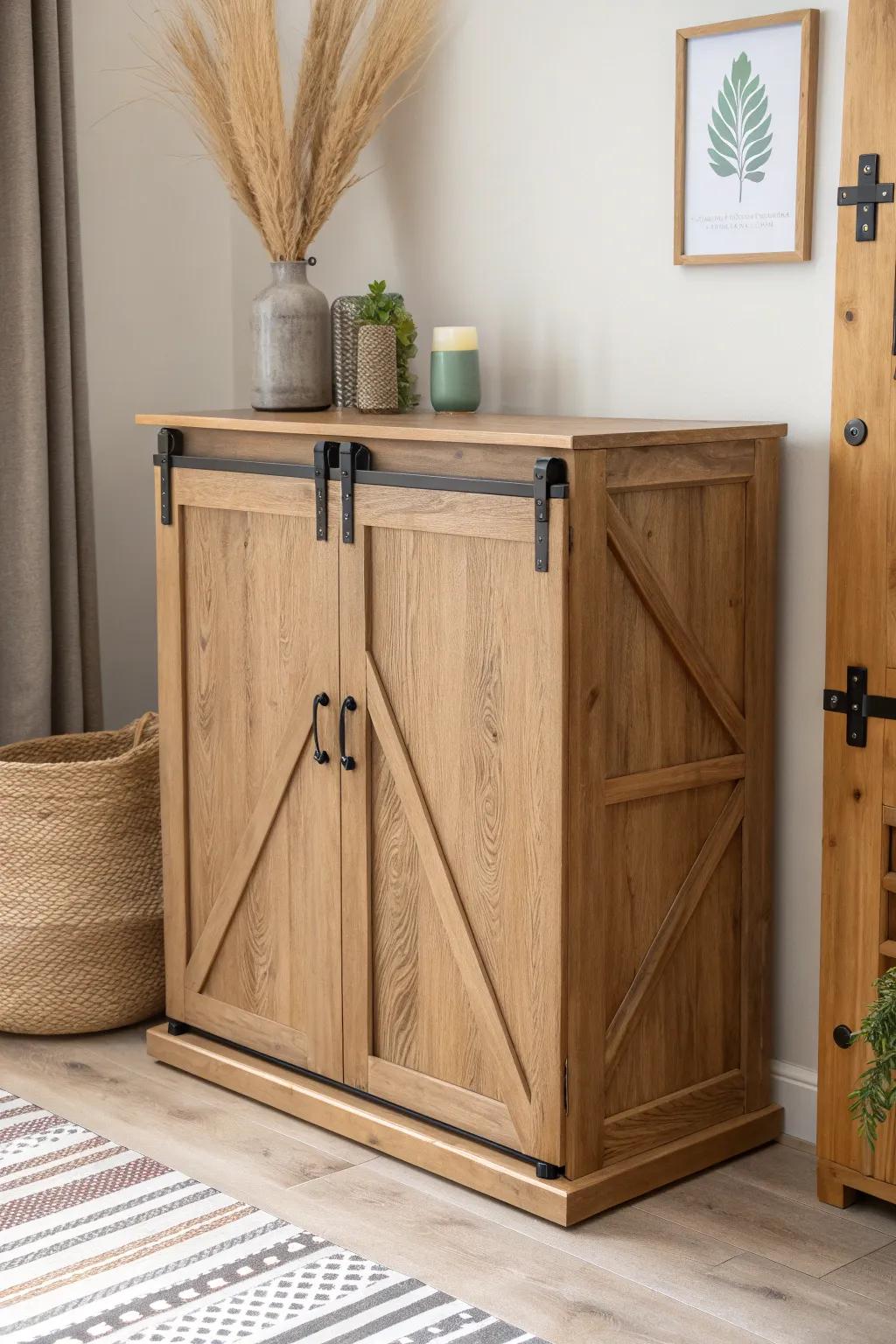 Compact barn-door cabinet: sliding storage that tucks away big toys without stealing floor space.