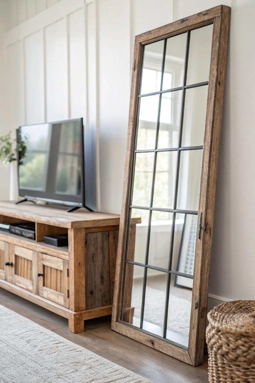 A salvaged windowpane mirror lifts light beside a farmhouse TV console—instant rustic charm.