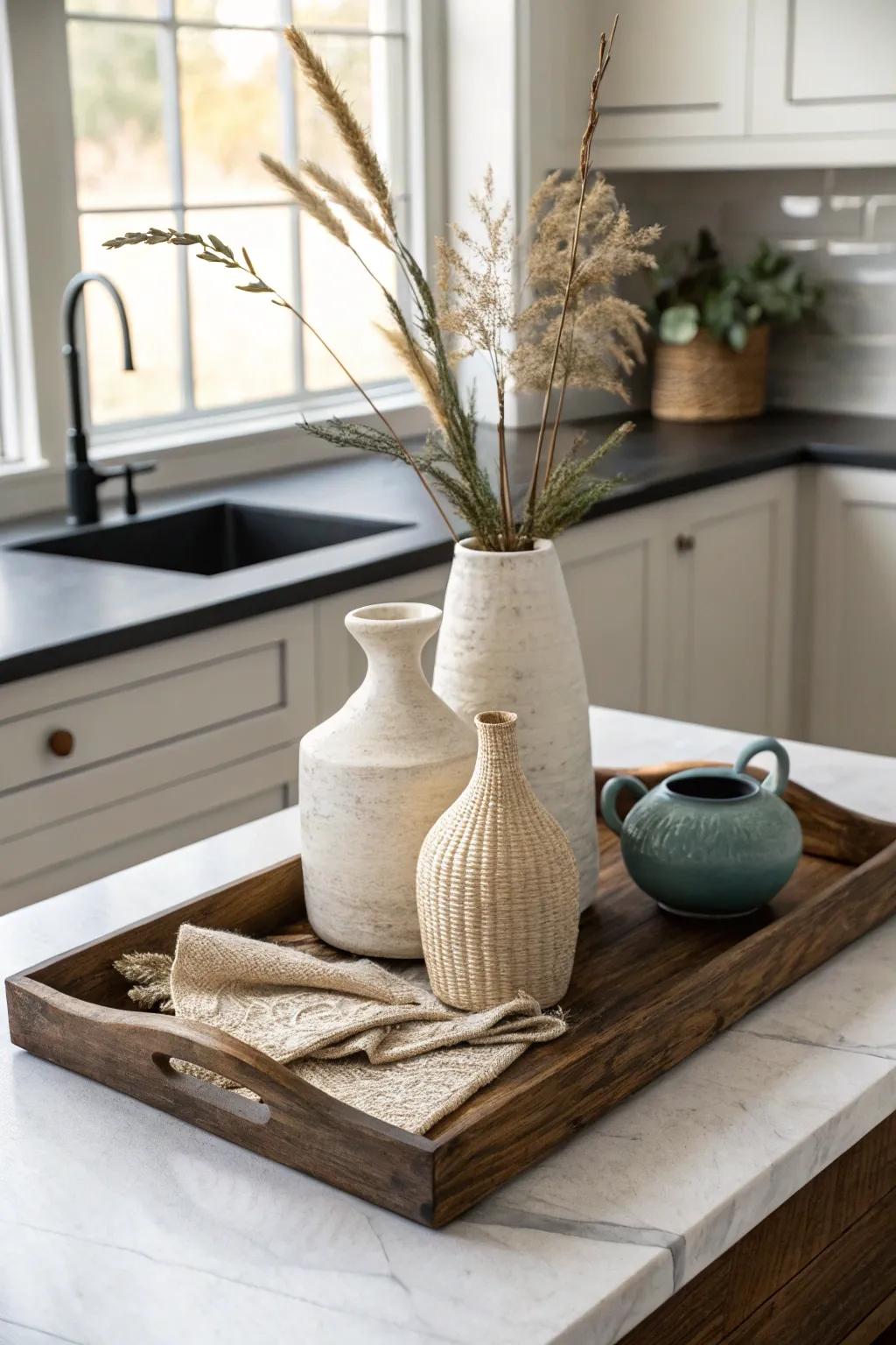 Farmhouse vase trio on a wood tray—an effortless, move-anywhere centerpiece with bold contrast.