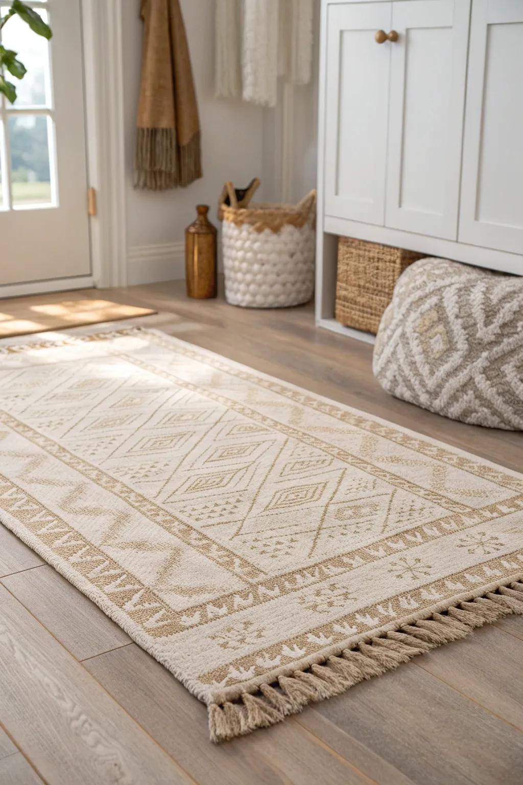 Layered neutral rugs add cozy farmhouse texture—soft underfoot and low-pile for easy drawers.