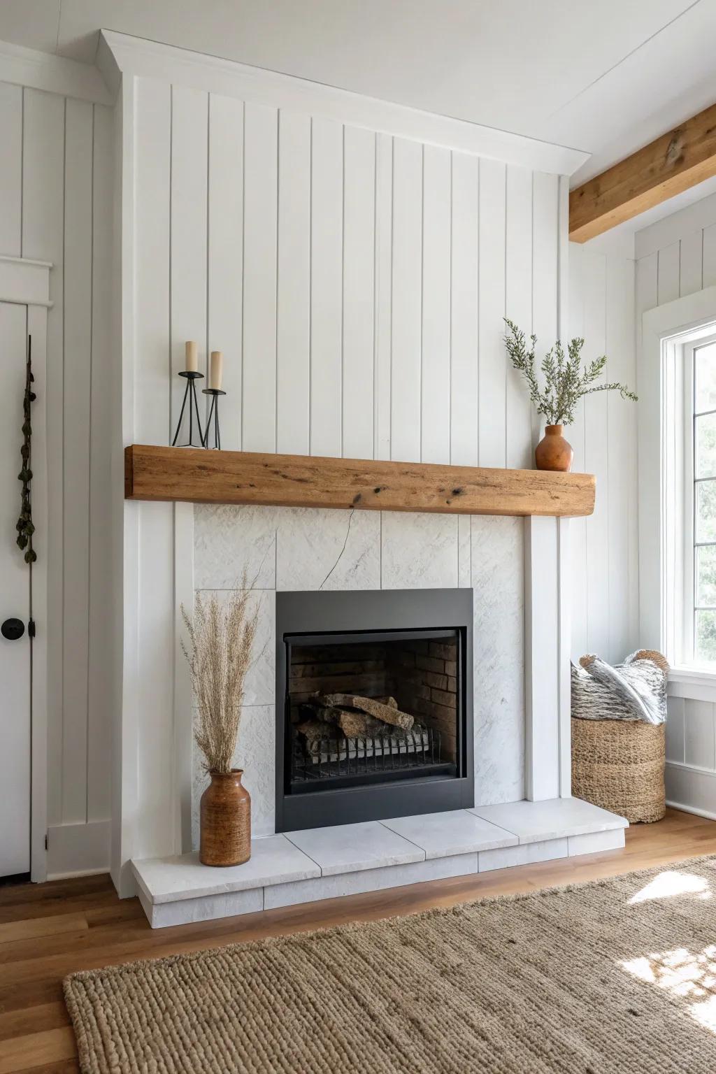 Classic white shiplap fireplace wall with a chunky oak mantel—cozy farmhouse statement.