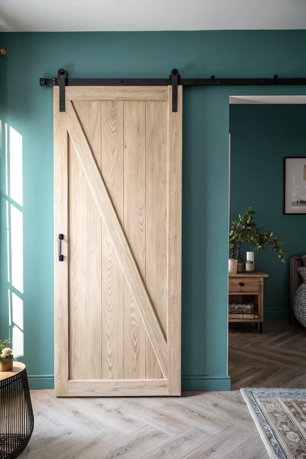 A sliding barn door keeps your wet bar beautifully hidden—calm, clean, and farmhouse-chic.