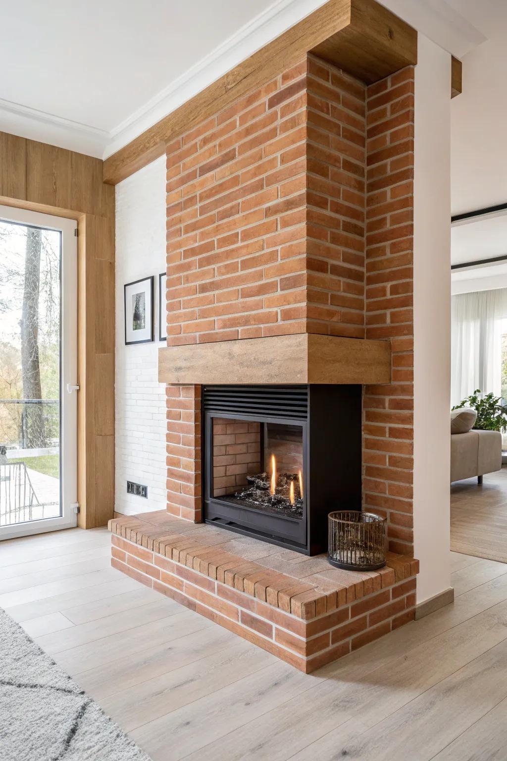 Wrap your fireplace in brick or stone for depth—add a crafted oak mantel for warmth.