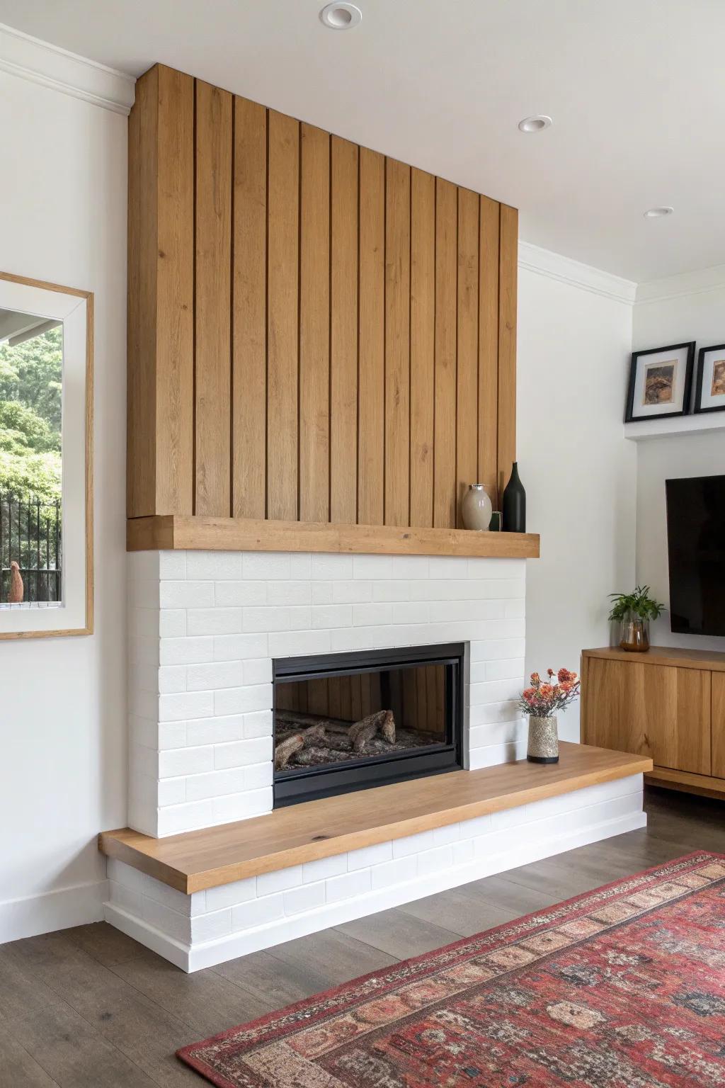 Two-tone paint + warm oak center panel creates a cozy, designer layered fireplace bump-out.