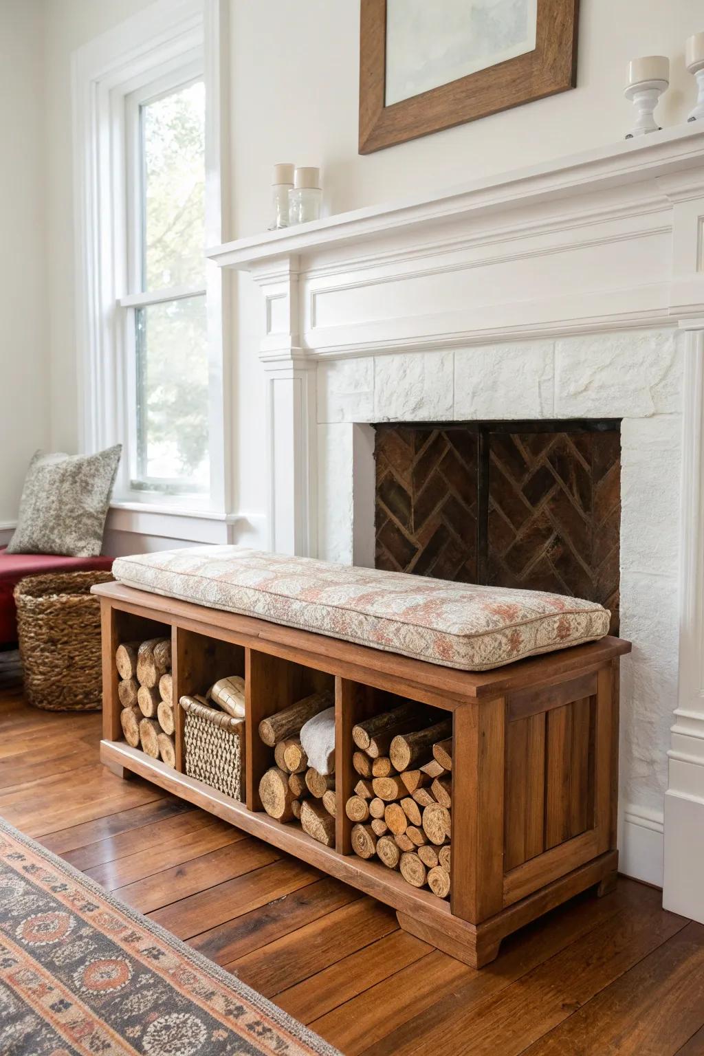 Handcrafted firewood bench under the mantel—salvaged lumber cubbies that turn logs into art.