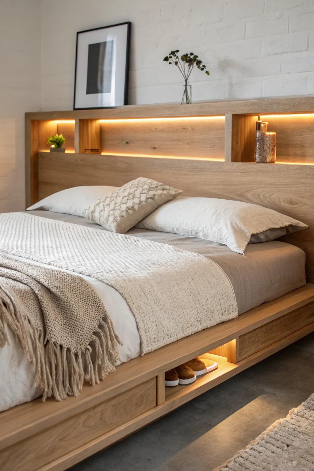 Floating bed with glowing headboard niches—hotel-soft lighting and clutter-free nights.