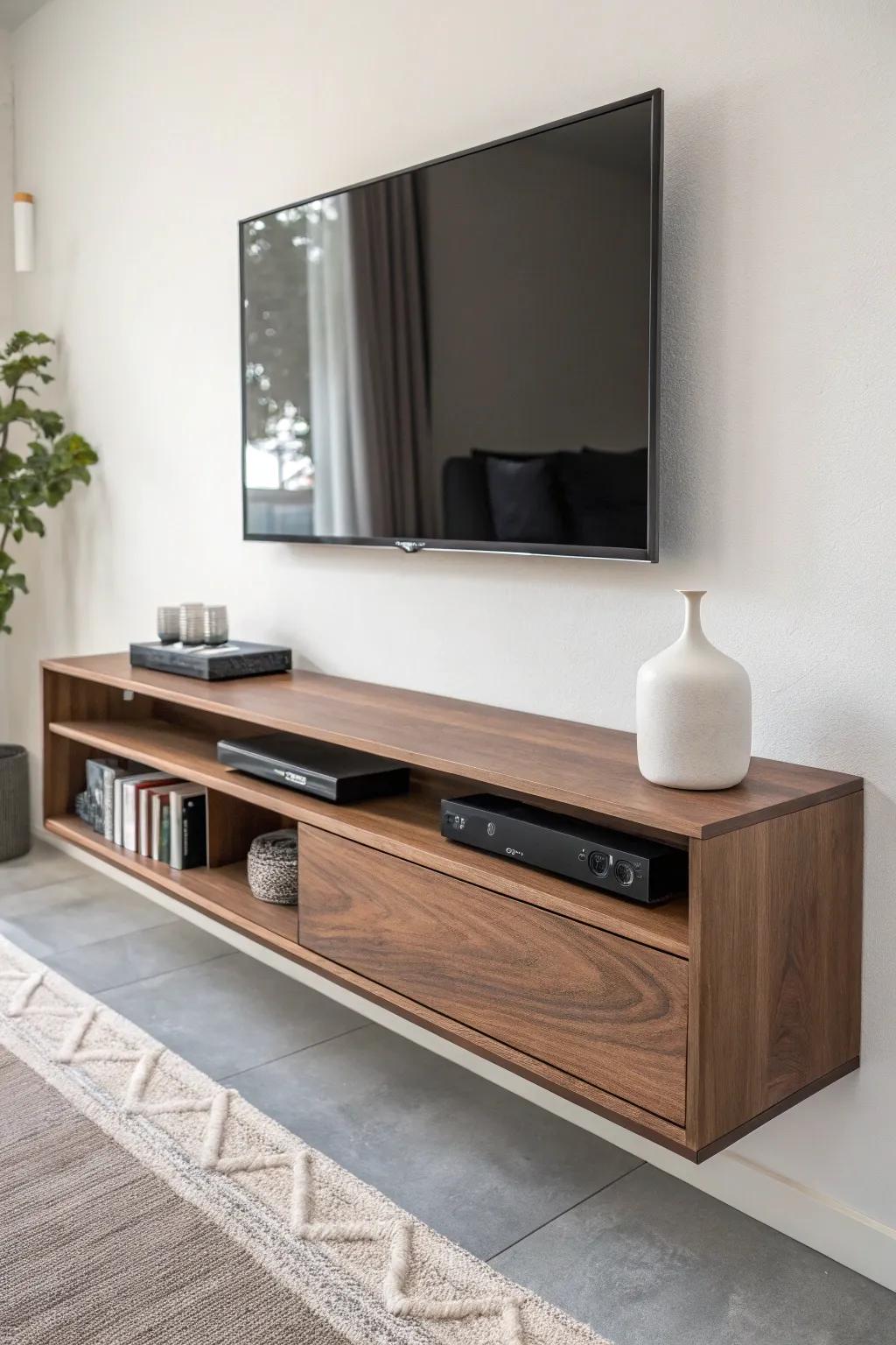 Floating console with a built-in soundbar ledge—sleek, integrated, and beautifully minimal.