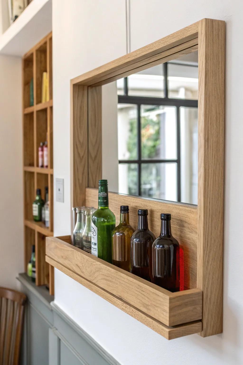 A mirrored-back floating shelf bar that doubles the glow and makes every bottle look luxe.