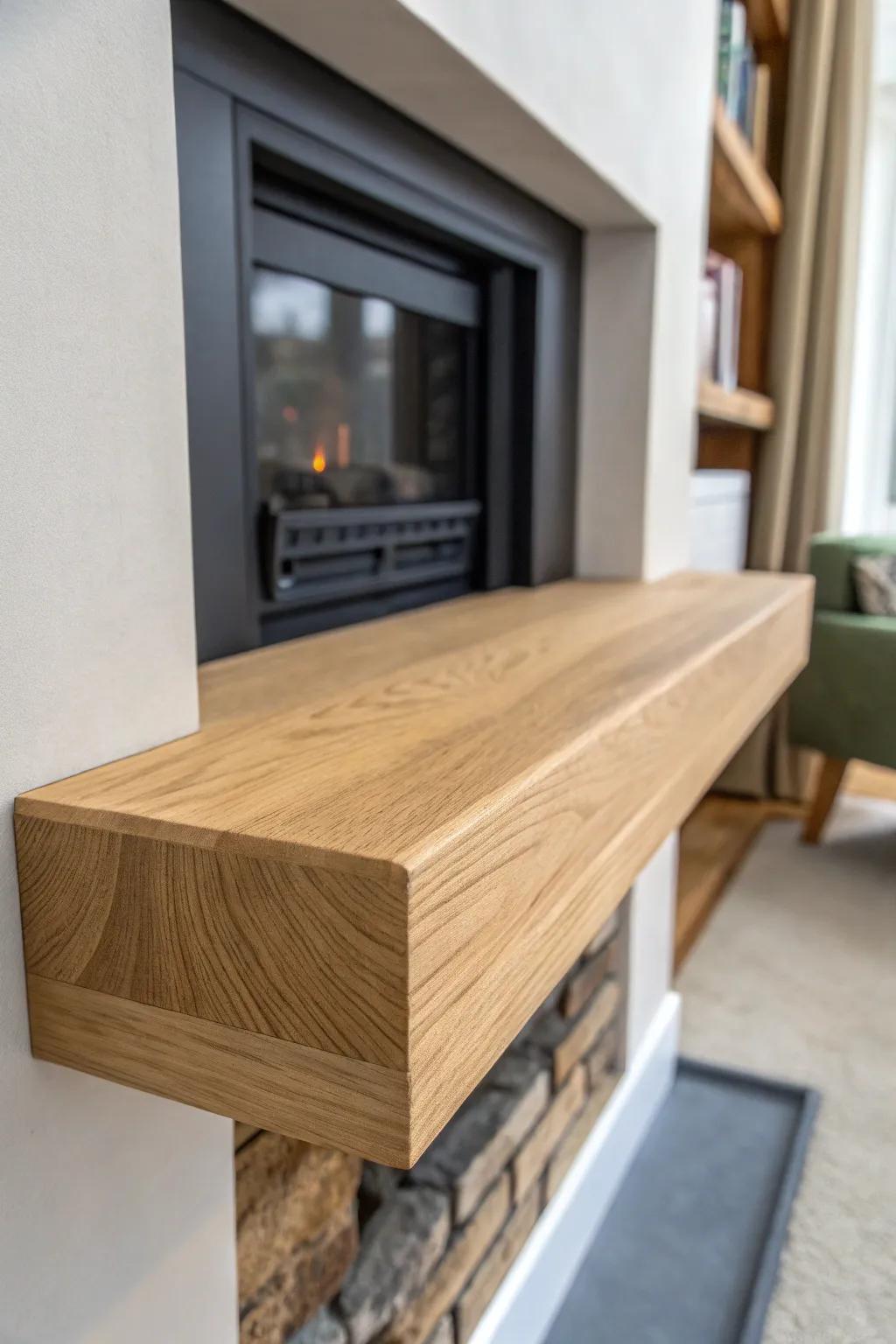 Ultra-slim oak floating shelf beside the fireplace—clean lines for the tiniest nook.