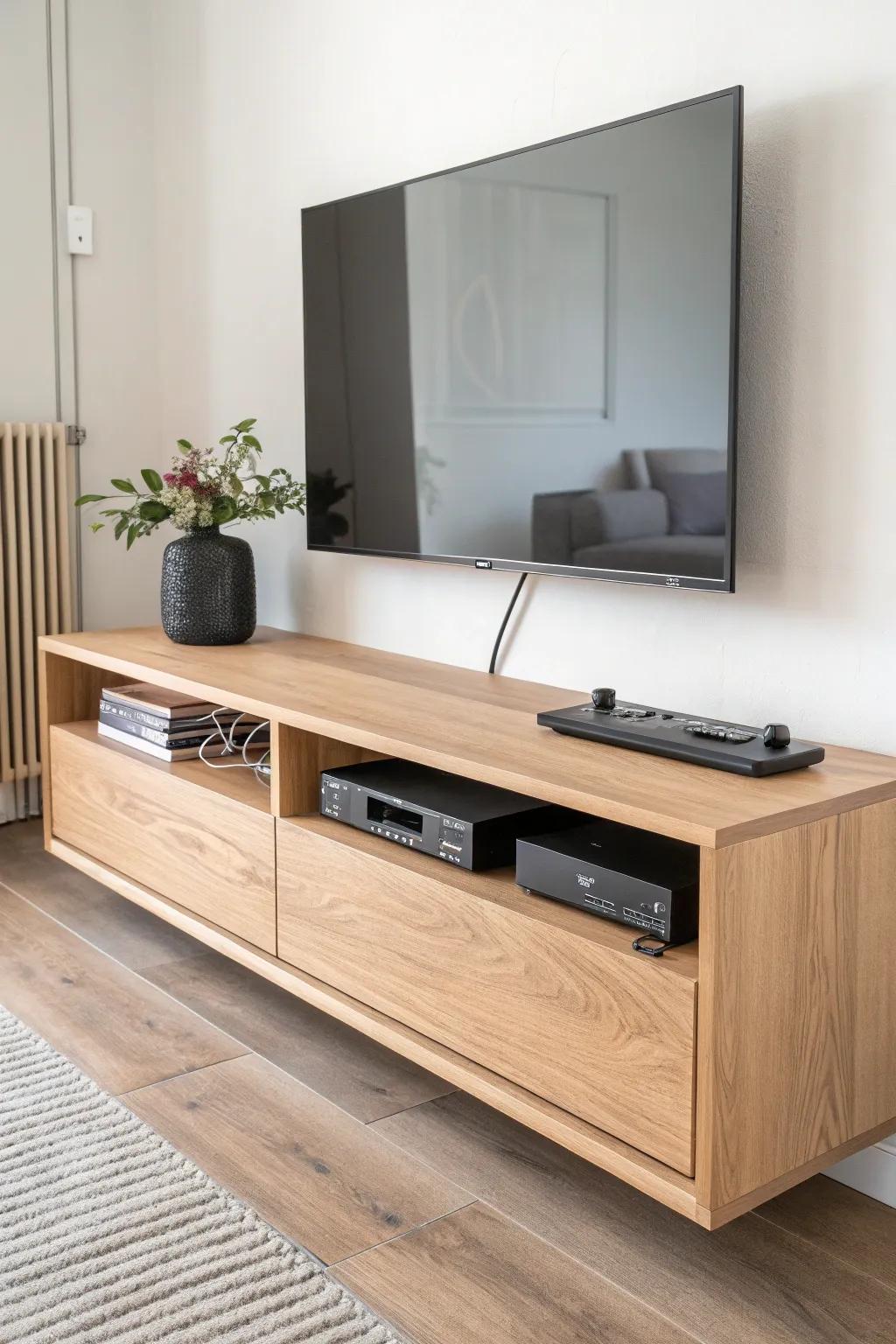 A floating TV stand with a lift-top router garage—hidden cables, clean lines, warm oak.