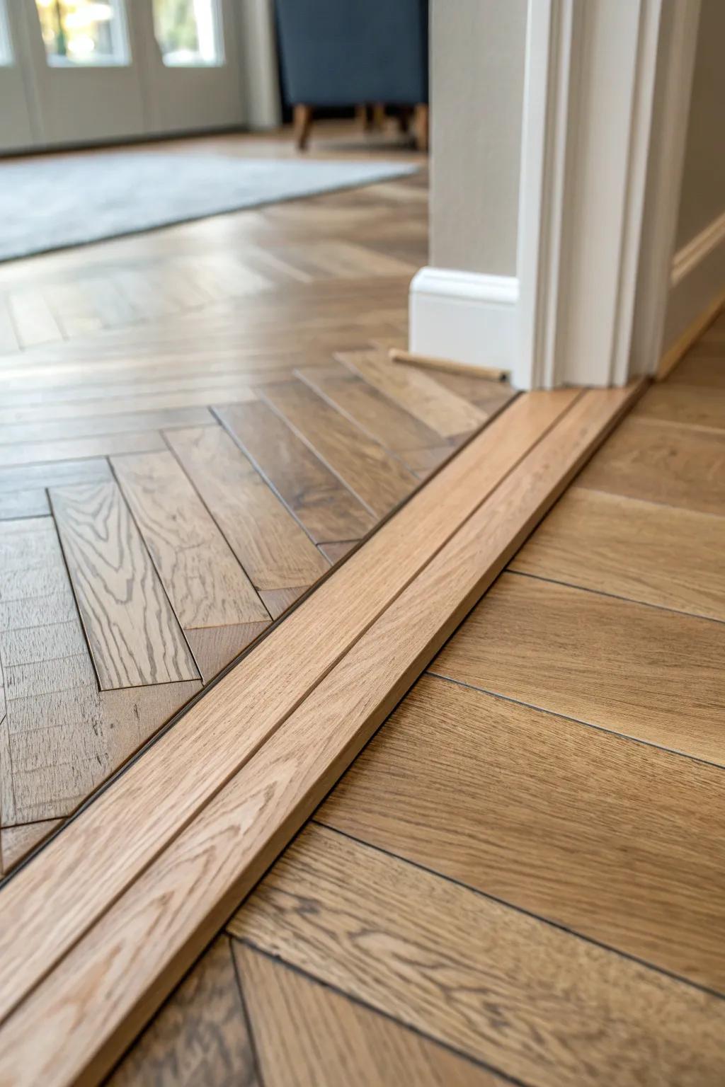 A slim wood strip frames the shift from herringbone to plank—clean, intentional, and elegant.