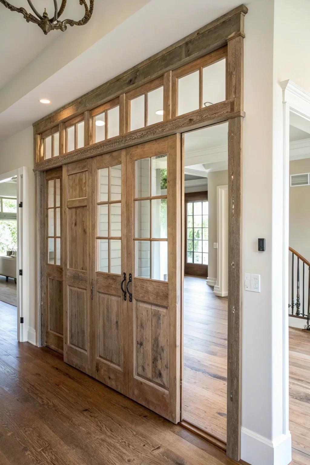 Reclaimed doors + a transom window create a bright, farmhouse-inspired floor-to-ceiling divider.