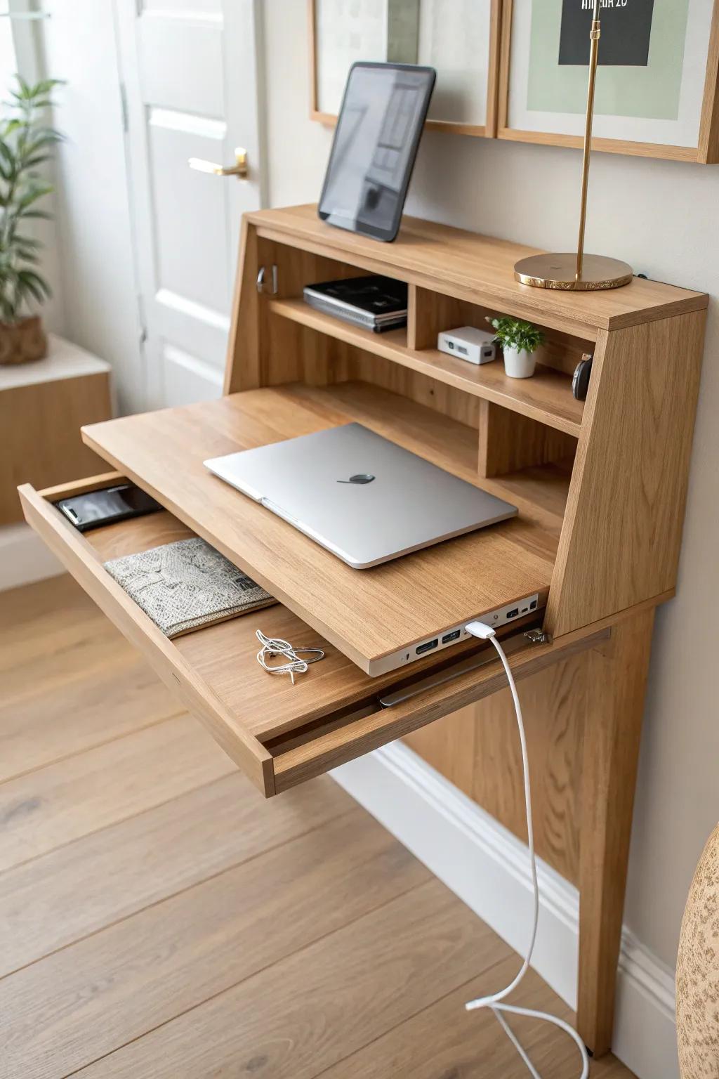 Fold-down desk idea: a hidden routed cable path keeps cords tidy and beautifully out of sight.
