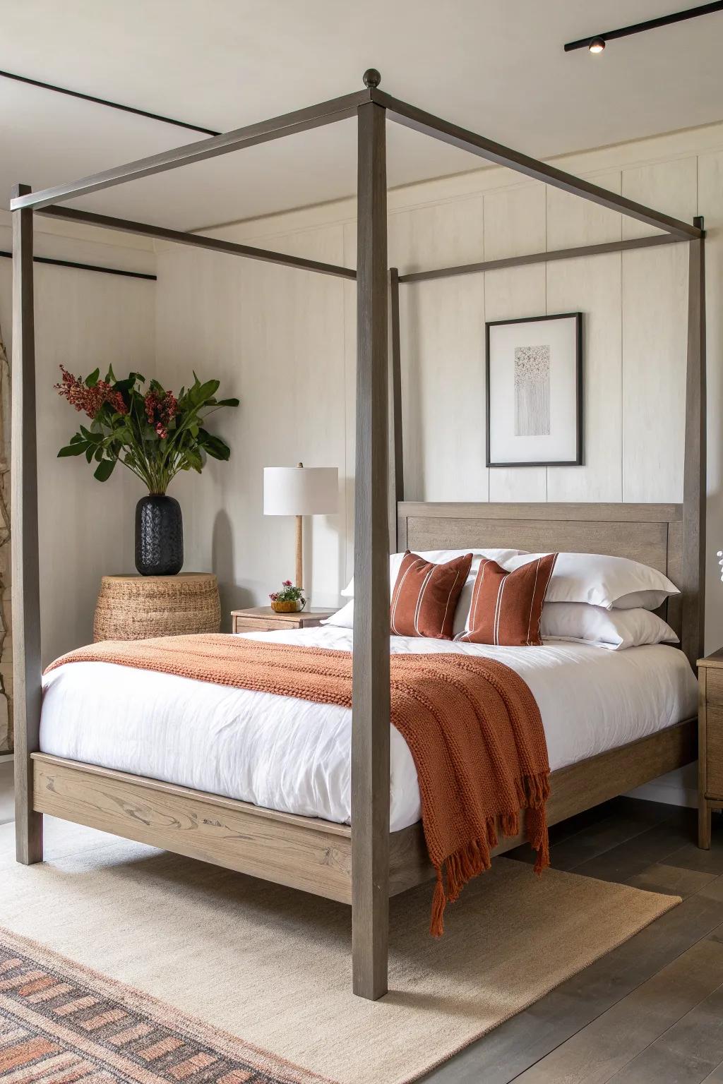 Symmetrical nightstands frame a sculptural four-poster bed for an instantly polished retreat.