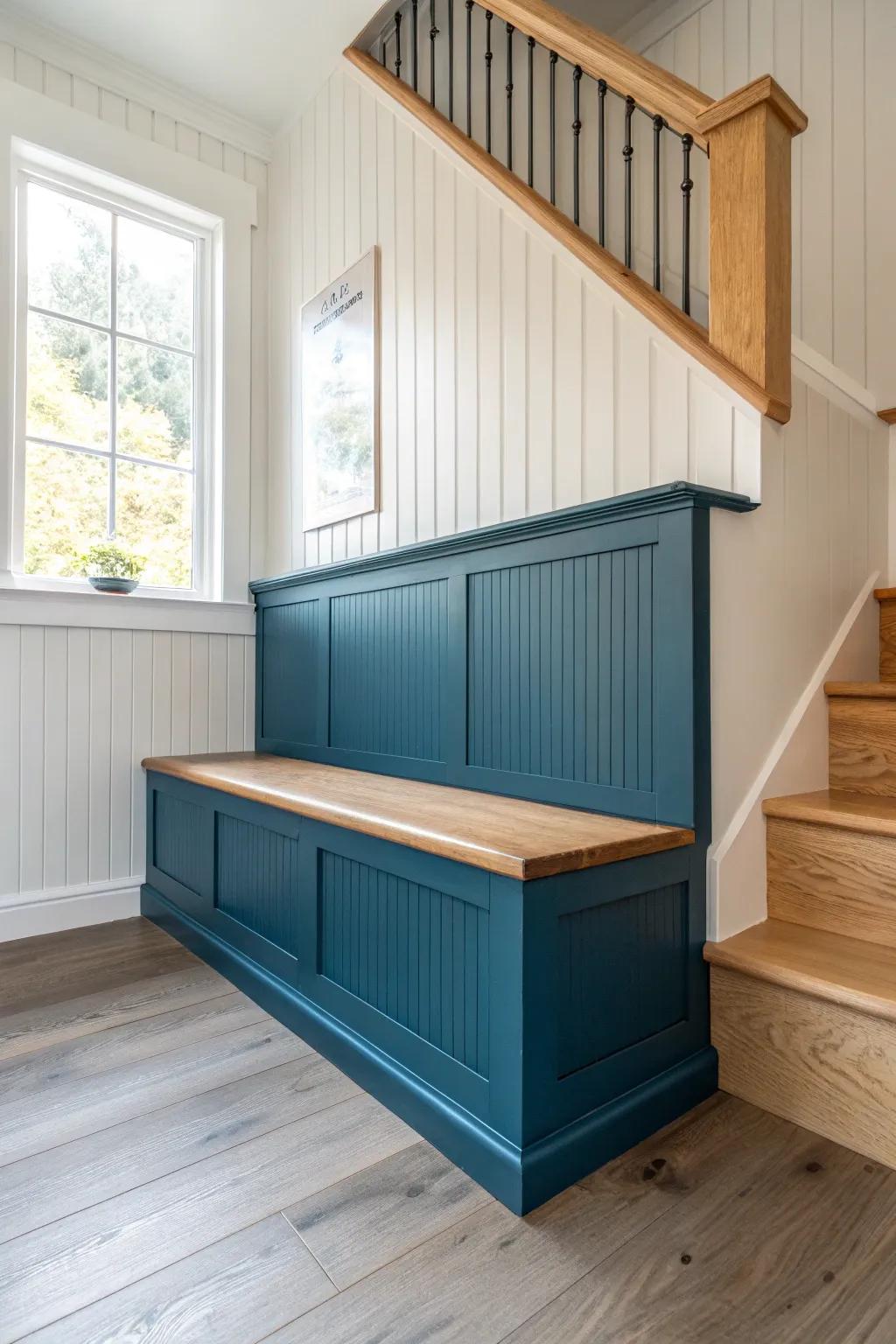 Bold beadboard wrap with a natural oak cap rail—durable, charming trim for a cozy entry nook.