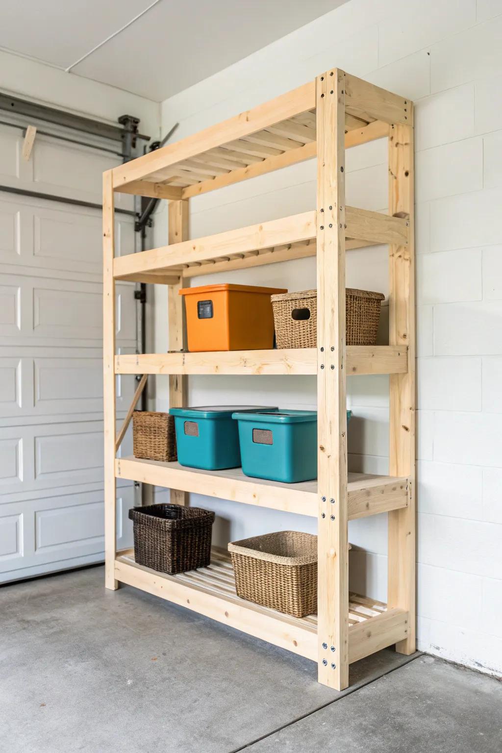 Chunky 2x4 freestanding garage shelves with center supports—bold bins, zero sag.