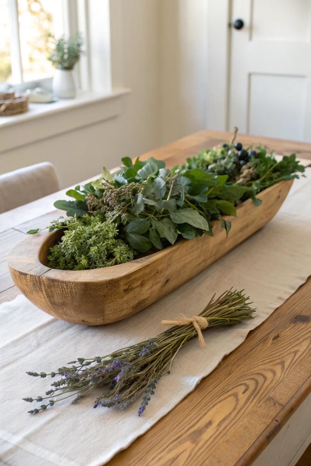 French cottage charm: a carved wood dough bowl overflowing with fresh greens and dried stems.