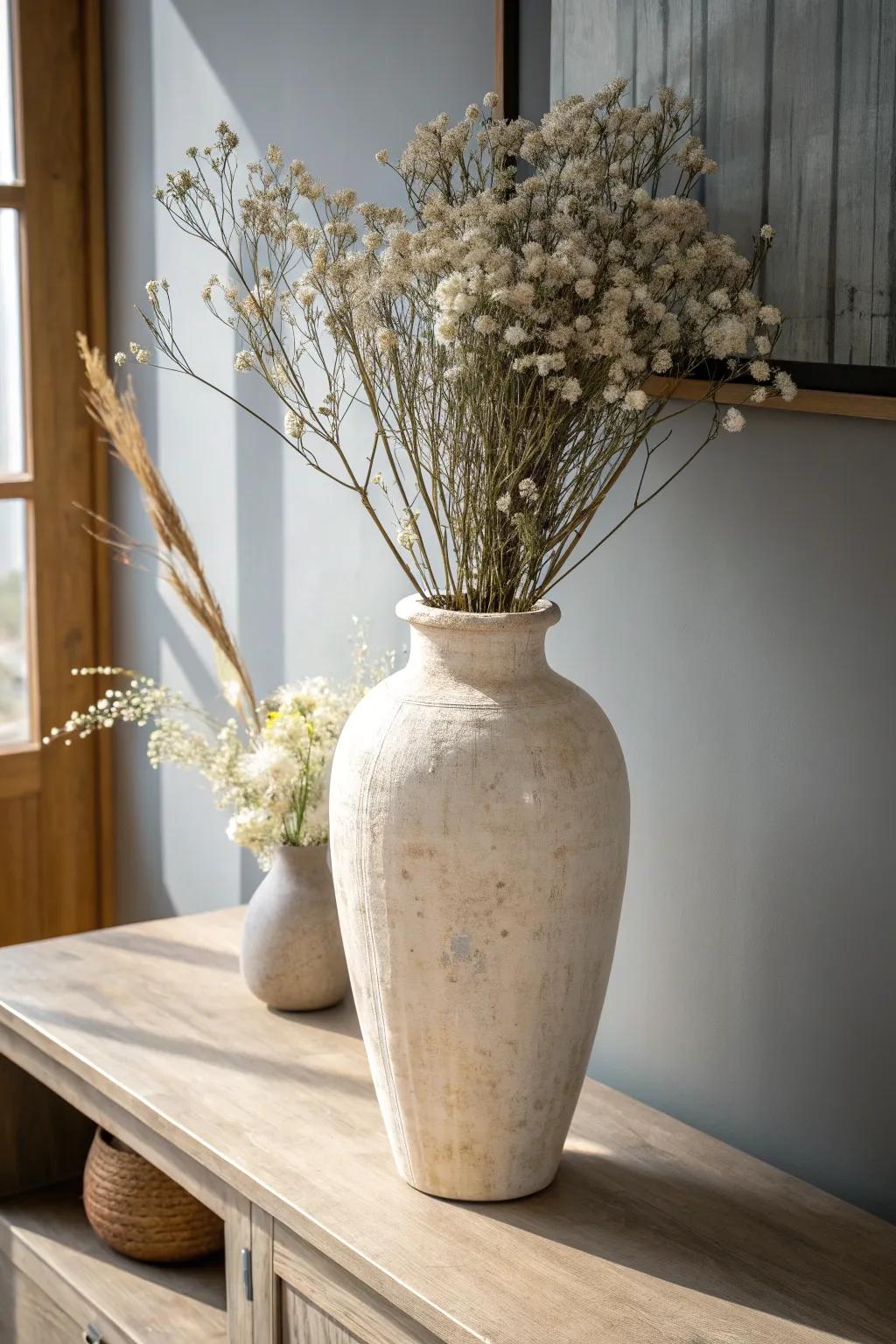 A tall pottery vase with soft white blooms brings French country warmth to a clean entryway.