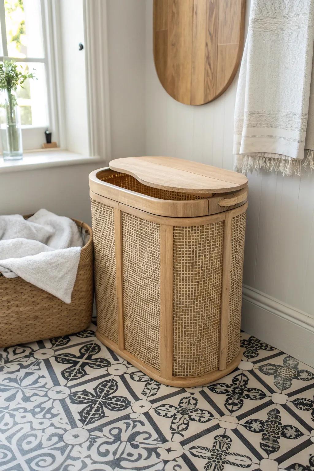 Old-world patterned floor meets warm oak—French laundry charm with minimalist calm.