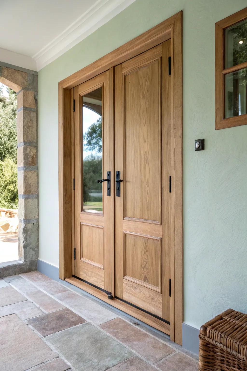 Natural wood French doors—sealed satin clear coat for warmth, grain detail, and timeless style.