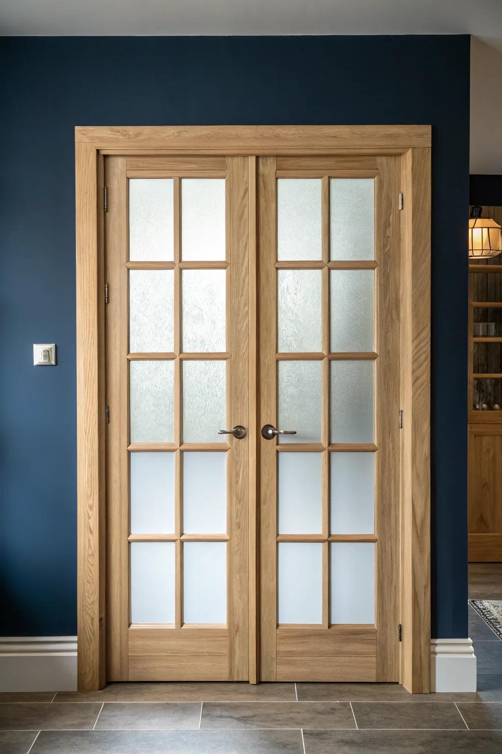 No curtains needed—frosted film on each French-door pane for bright, private calm all day.