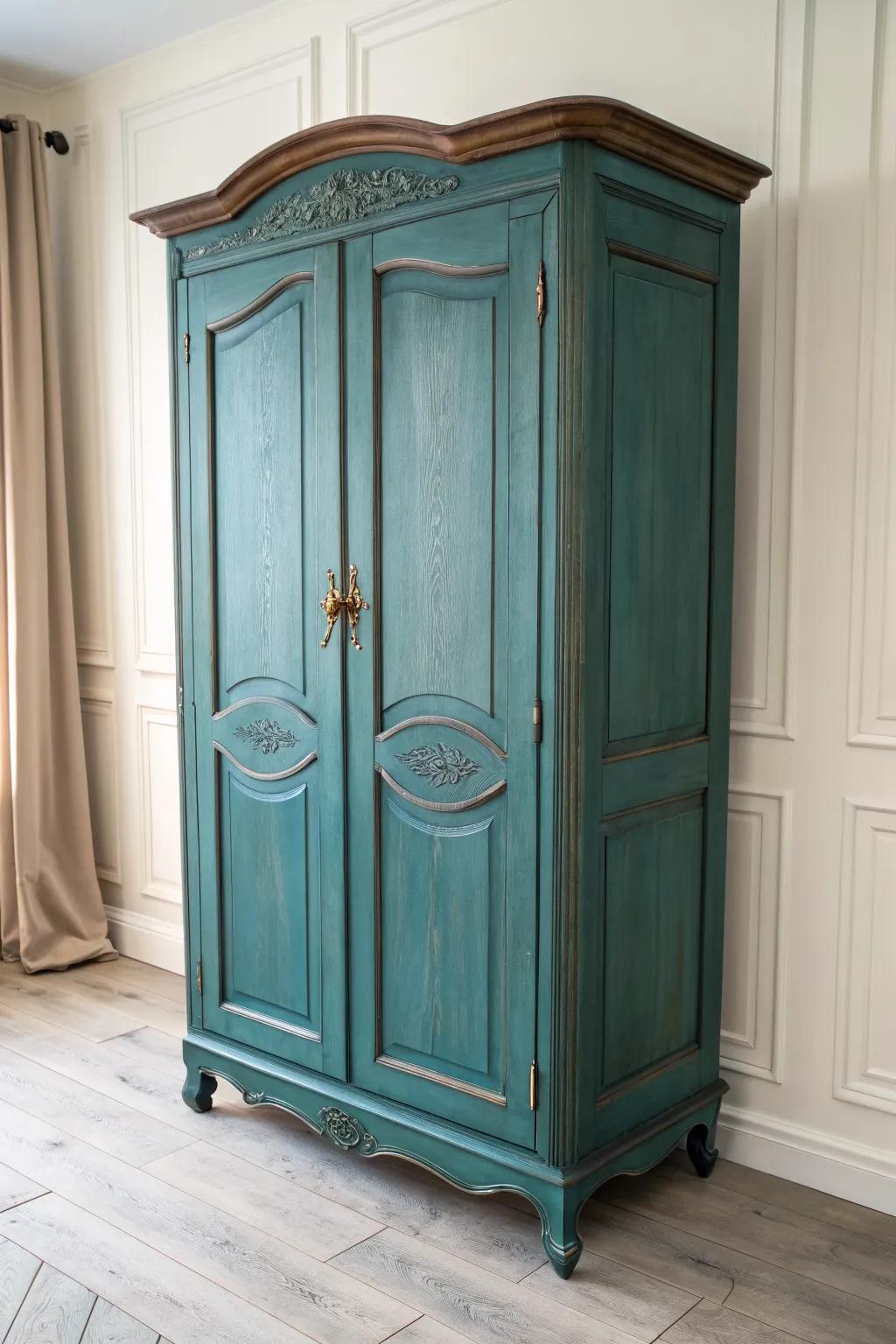A paneled French armoire in a soft bold hue—beautiful storage that anchors the whole bedroom.