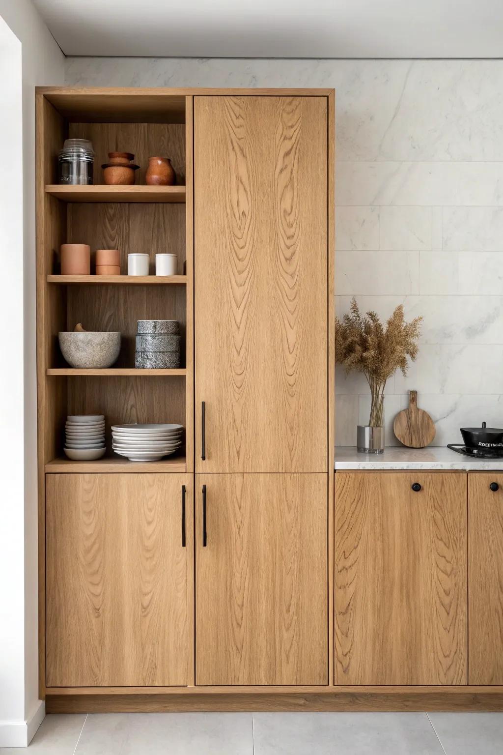 Break up a full cabinet wall with a warm open-shelf band for texture and everyday display.