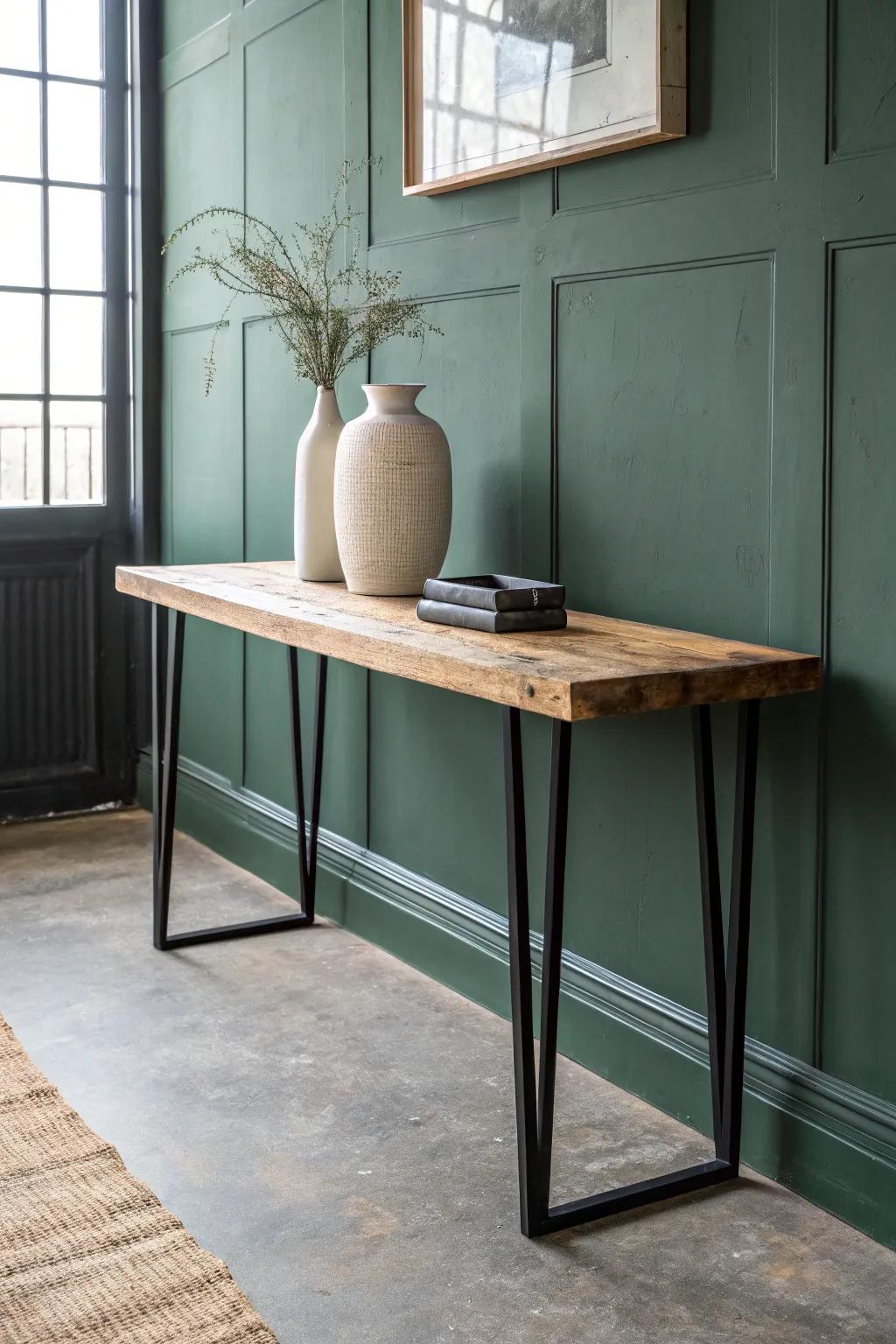 Create a curated corner: reclaimed wood + black accents against moody green for showroom wow.