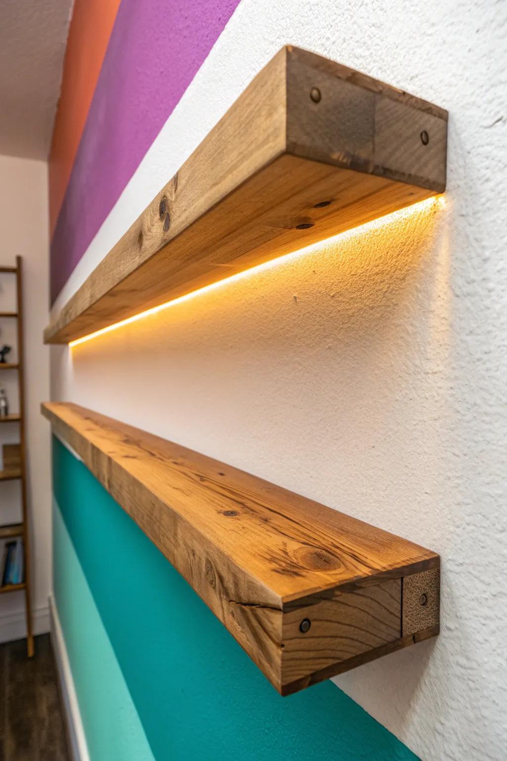 Edge-lit reclaimed wood shelf adds a floating glow line—warm grain, bold LED mood for gaming.