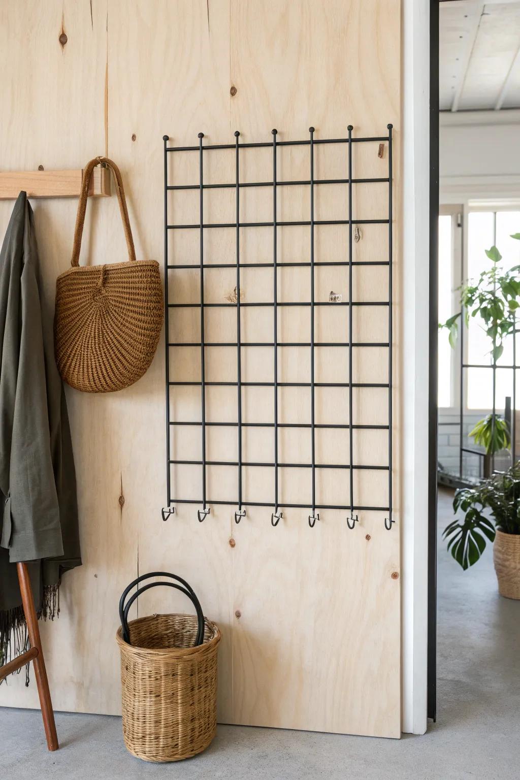 Matte-black metal grid on warm birch adds industrial style and tidy garage storage.