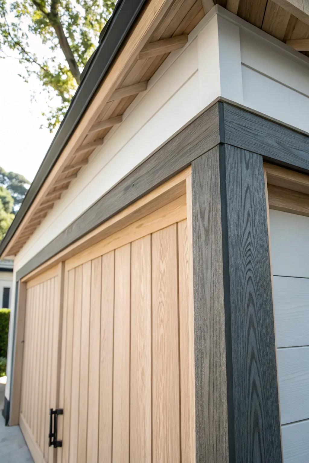 Board-and-batten trim turns the garage opening into a tall, textured feature—clean and cute.