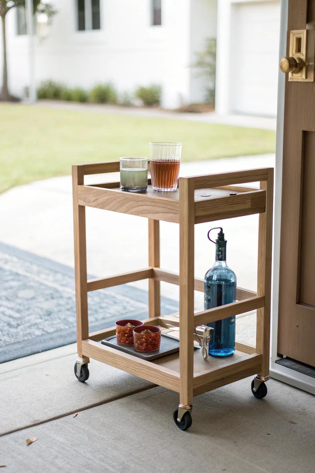 A handcrafted wood drink cart at the open garage door, ready for indoor-outdoor hangs.