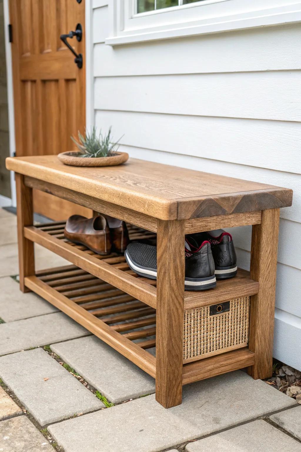 A chunky oak shoe-bench that turns the garage entry into a calm, mudroom-style moment.