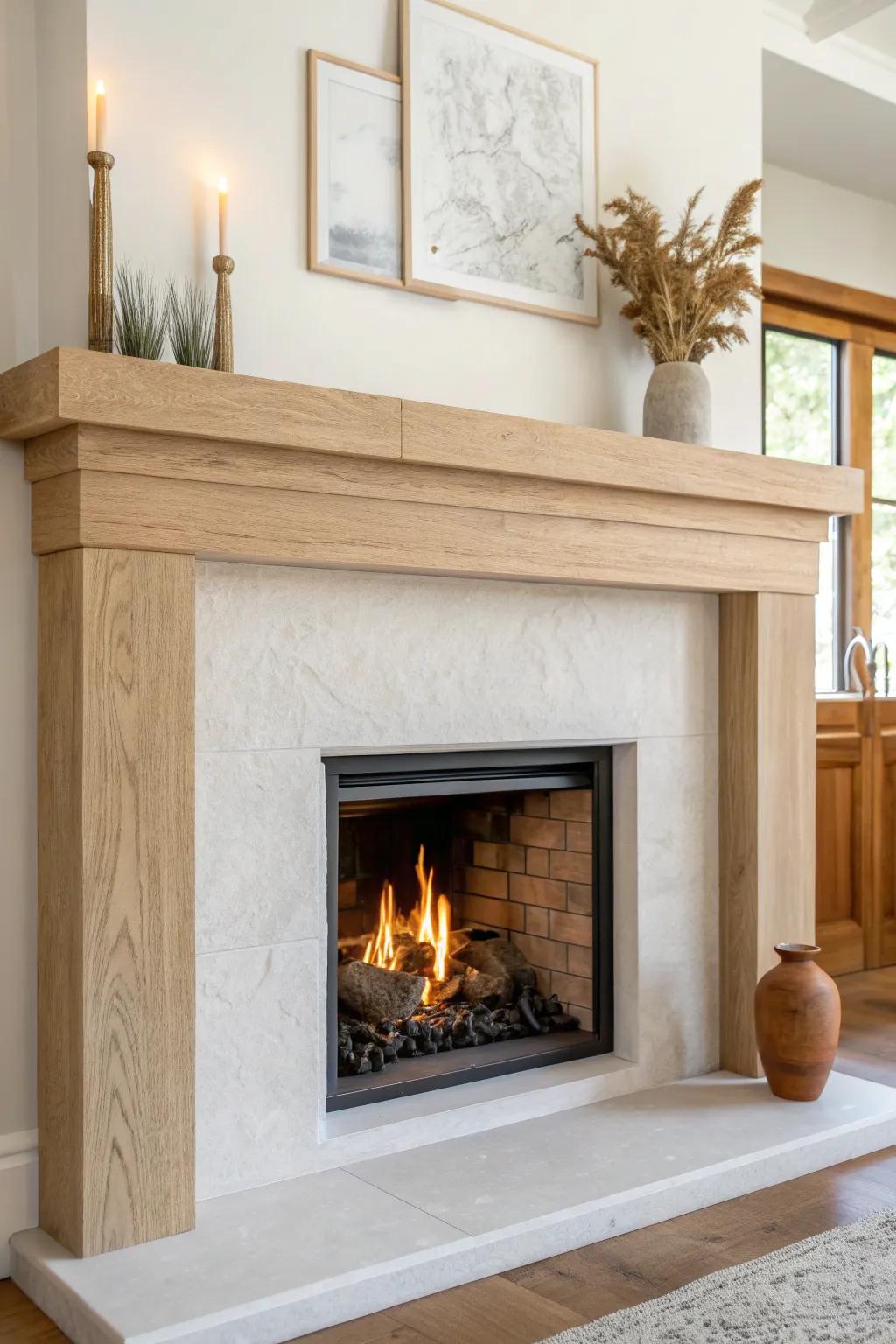Plaster-look surround + natural oak mantel: a calm, modern gas fireplace with warm contrast.