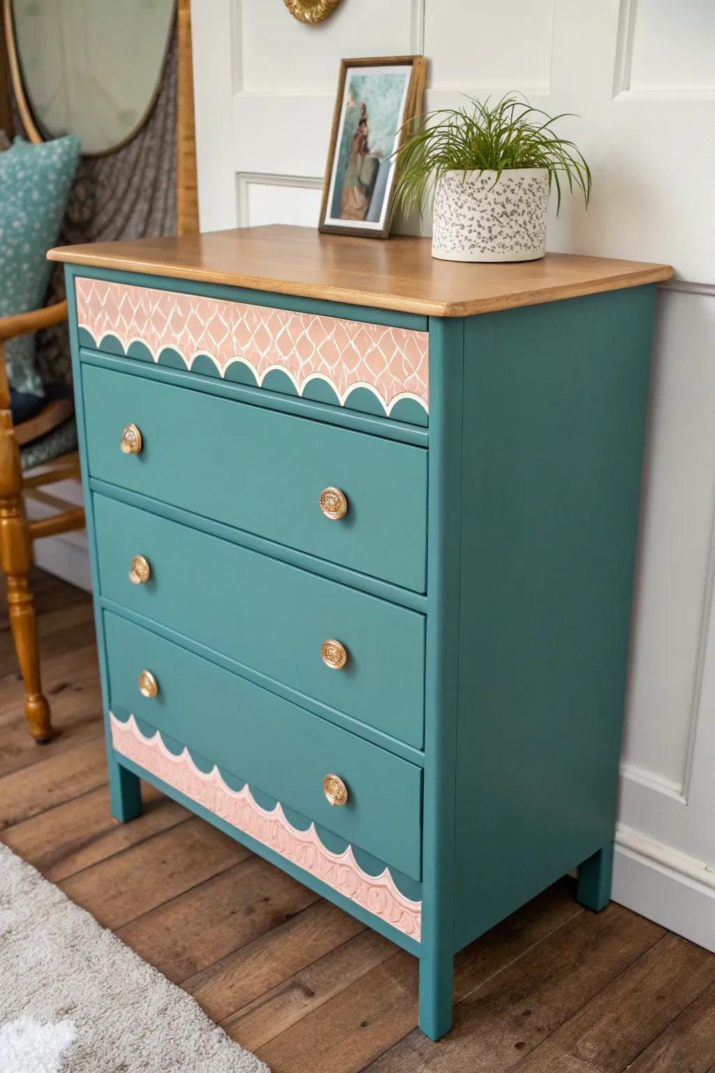Sweet scalloped pastel trim turns a simple dresser into a chic mini dollhouse statement.