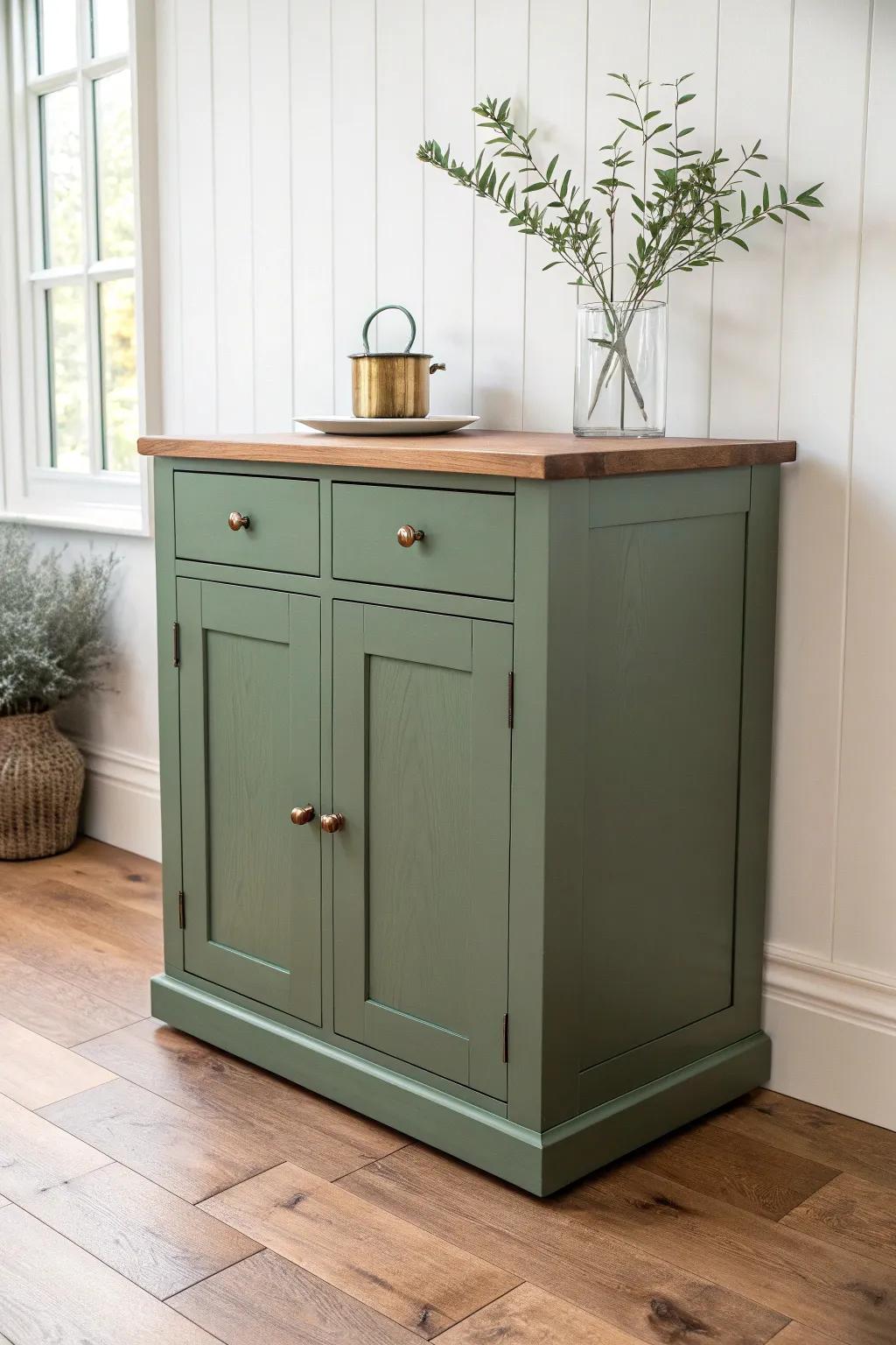 Sage green lower cabinets meet a warm walnut counter for an inviting garden-kitchen feel.
