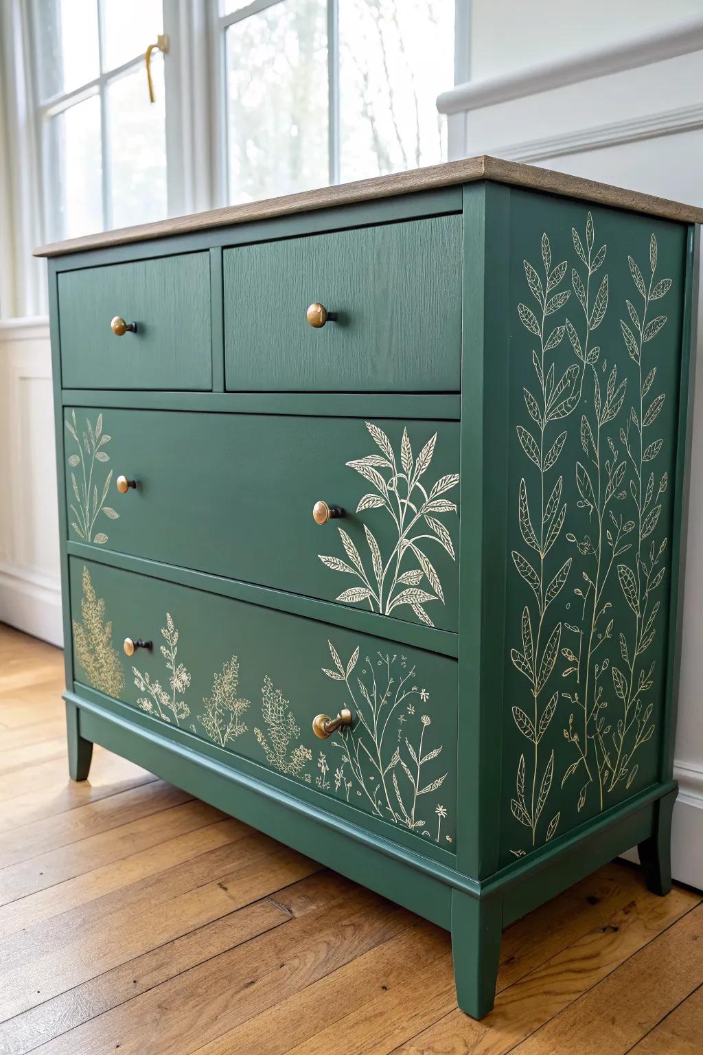 Matte green dresser with delicate leaf stencil—minimal Scandinavian craft with a soft boho vibe.