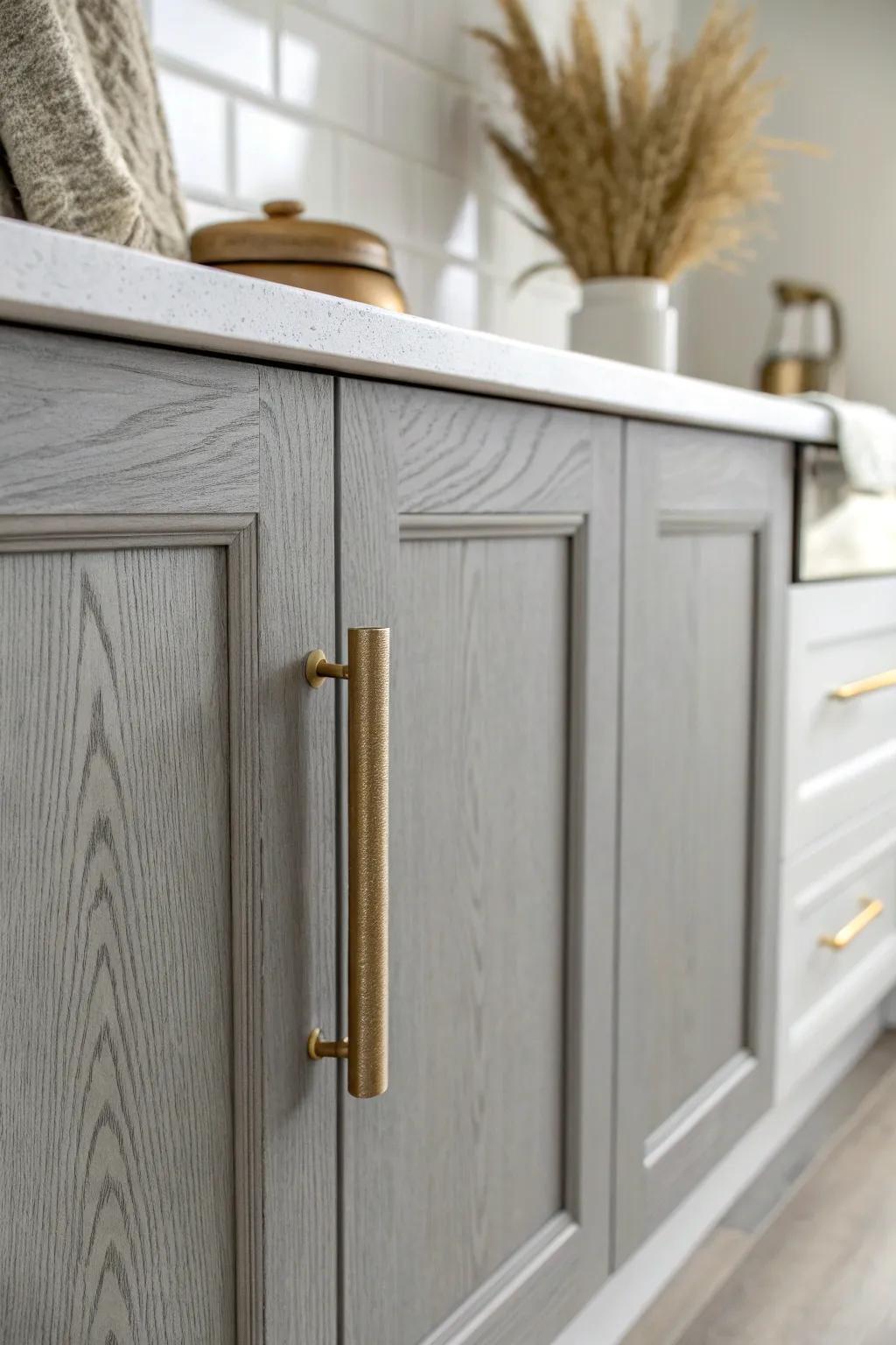 Warm brushed brass pulls add cozy contrast to cool gray-and-white cabinets.