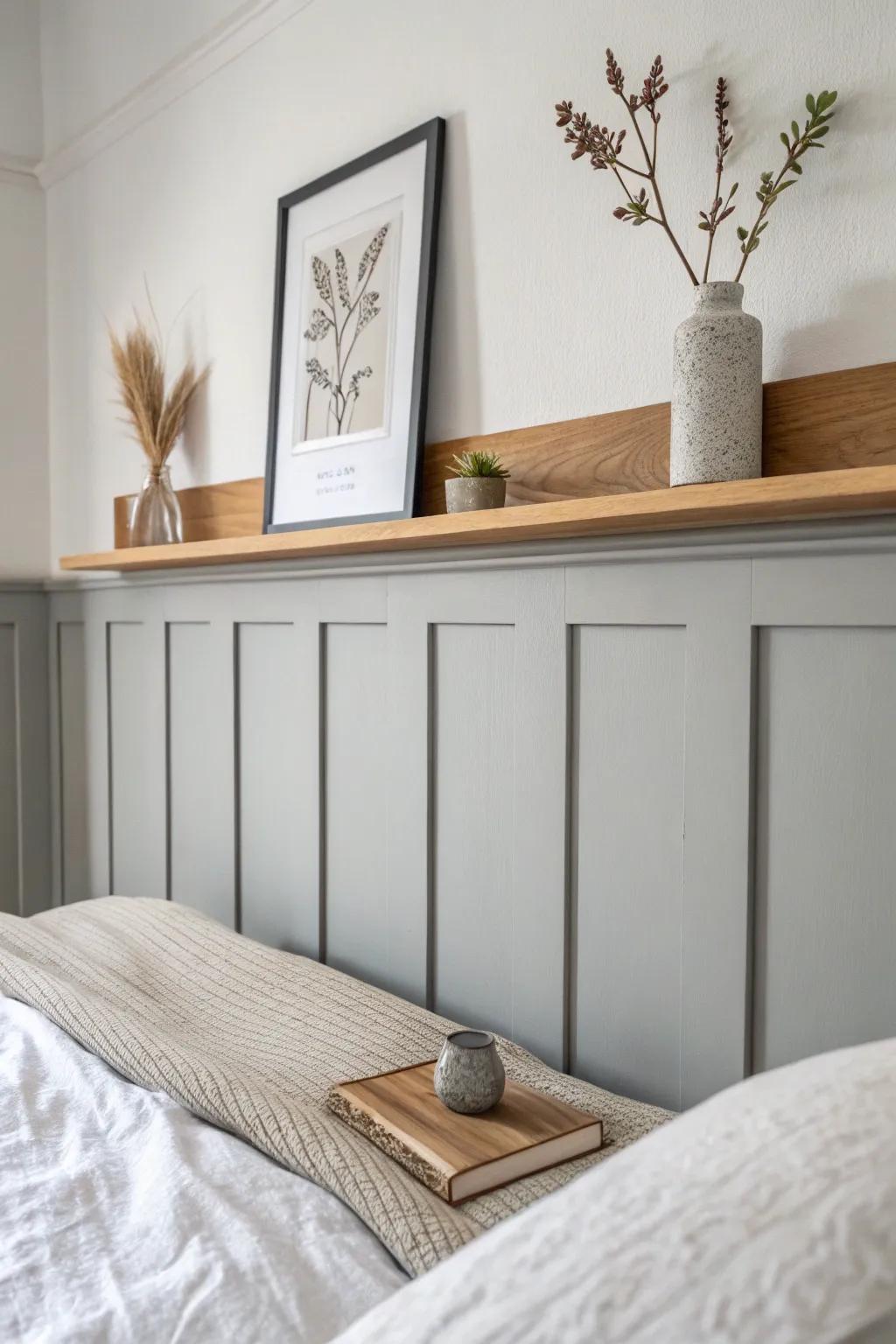 Warm oak picture ledge atop grey wainscoting for a cozy modern bedroom moment.