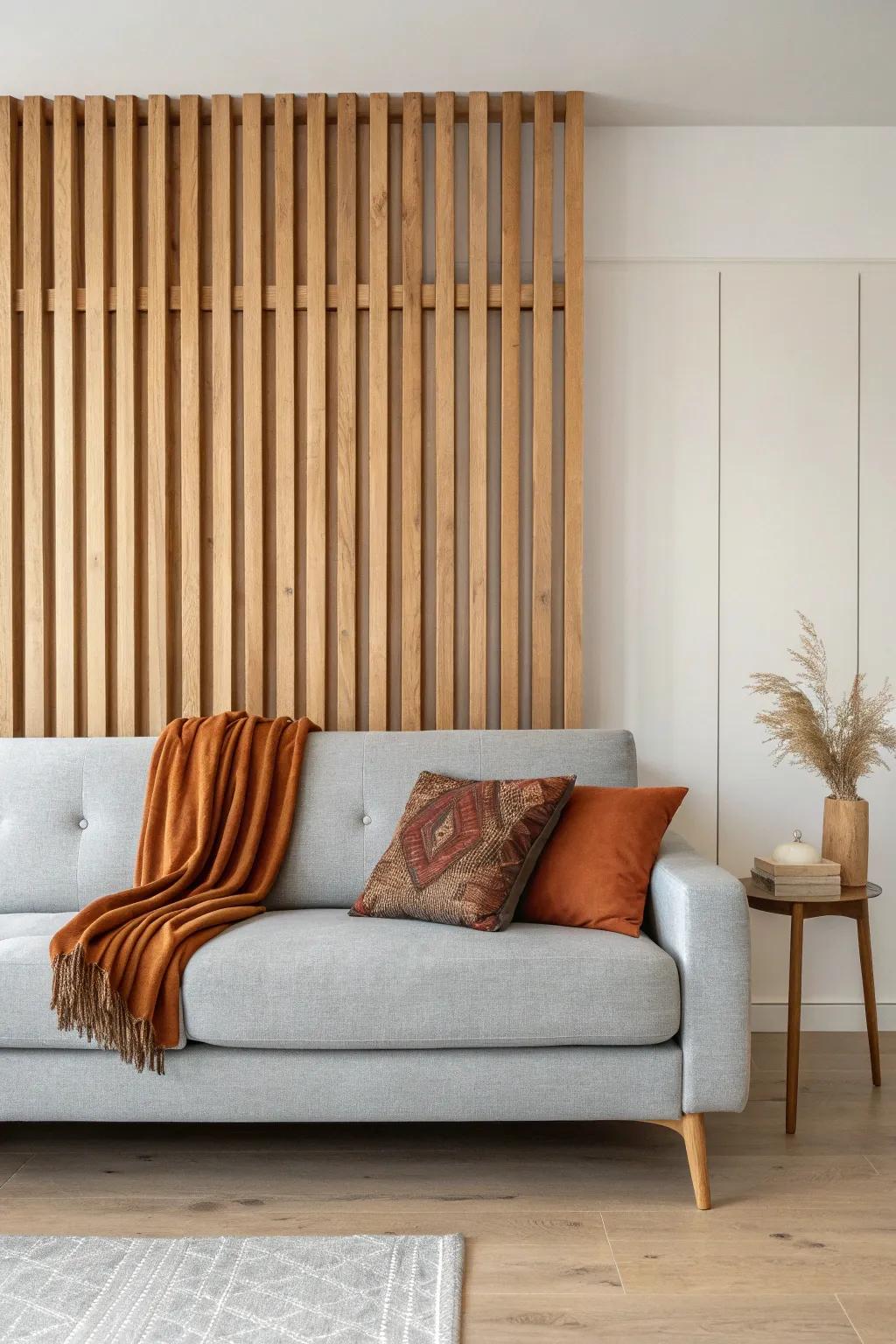 Grey sofa against a warm oak slat wall—Scandi minimalism with a bold, boho pop.
