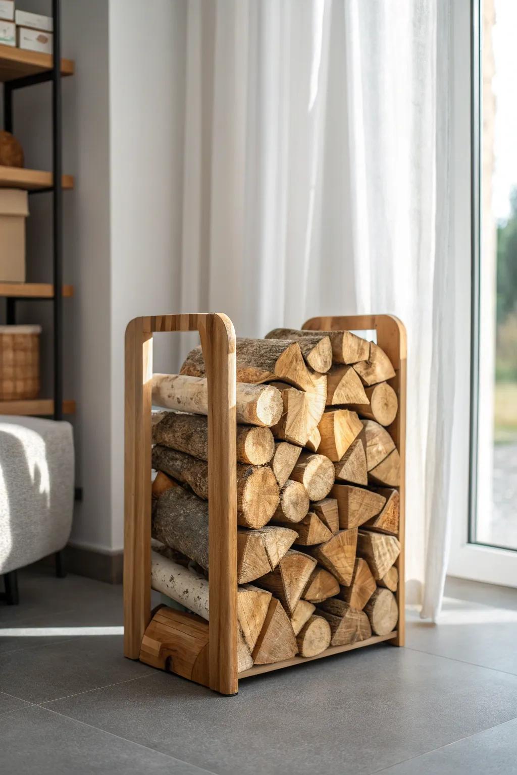 Warm birch firewood stack adds cozy cabin-modern contrast to cool gray floors.