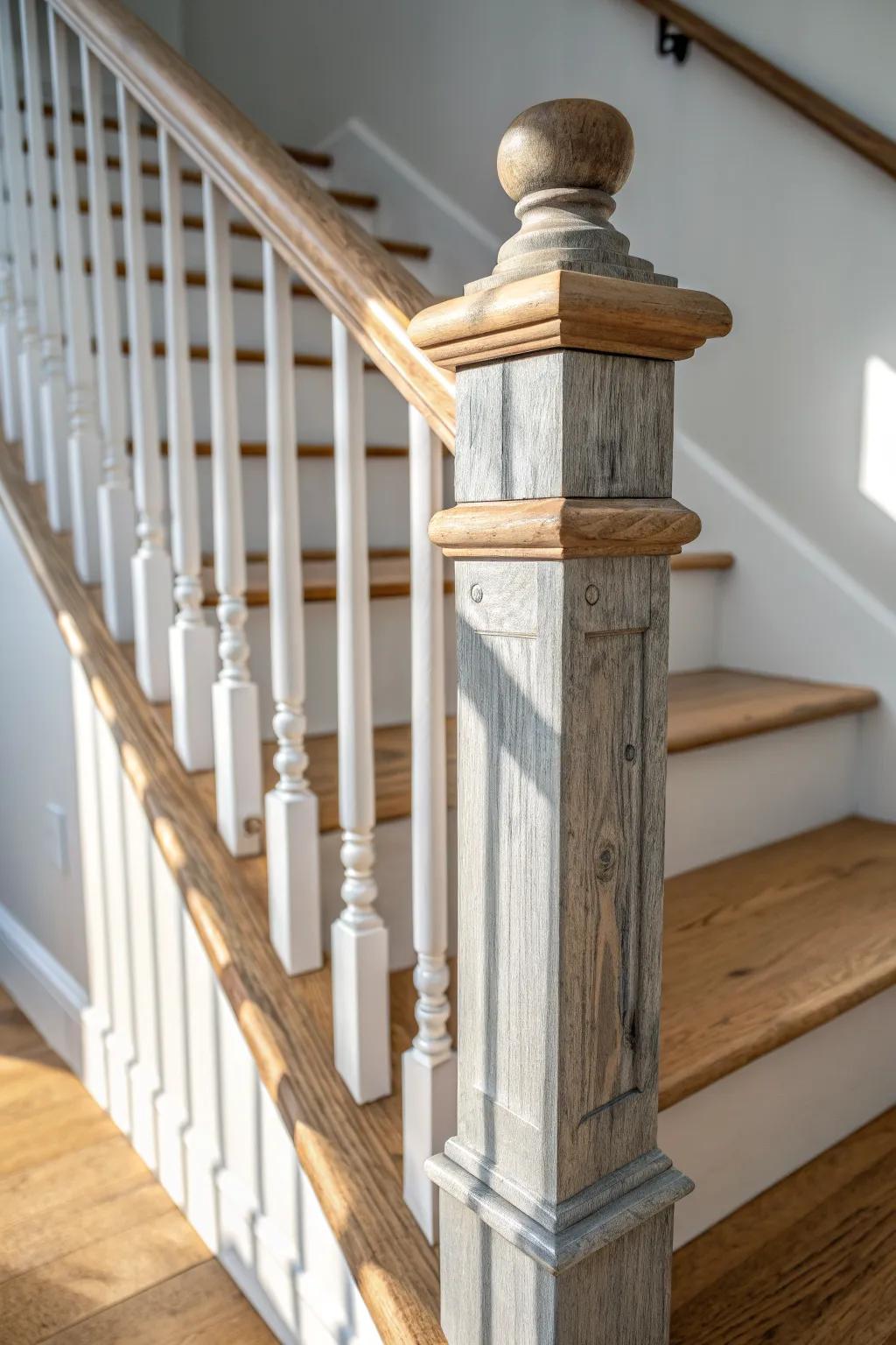 Distressed gray banister detail—sanded edges reveal warm wood for farmhouse charm